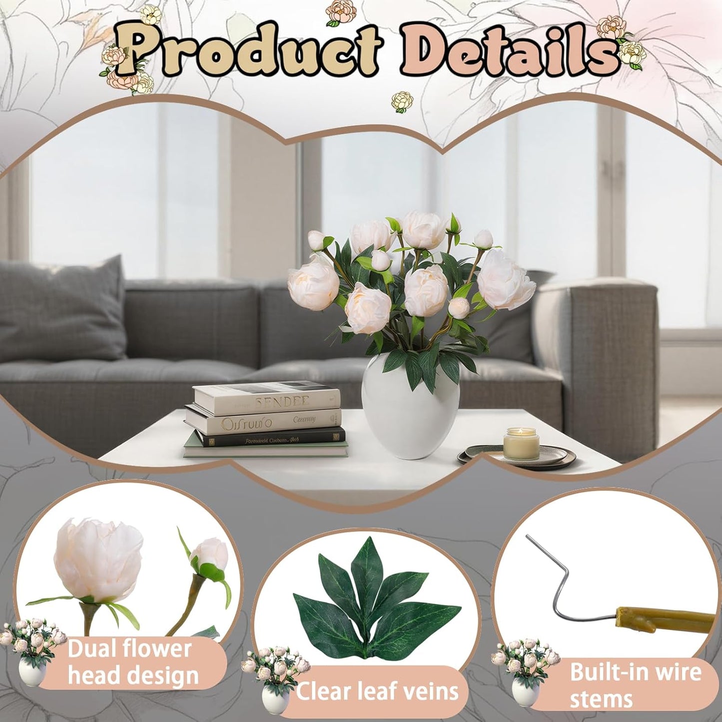 6PCS Yellow Peonies Artificial Flowers, Realistic 2 Heads Silk Peonies with Stems & Buds, 17.51" Faux Peony Bouquets for Wedding Centerpieces DIY Home Table Vase Decor