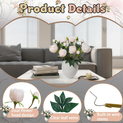 6PCS Yellow Peonies Artificial Flowers, Realistic 2 Heads Silk Peonies with Stems & Buds, 17.51" Faux Peony Bouquets for Wedding Centerpieces DIY Home Table Vase Decor