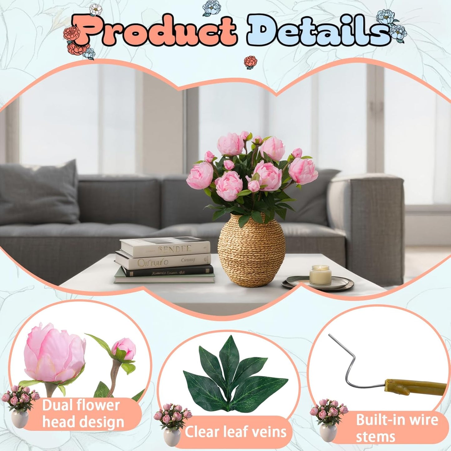 6PCS Yellow Peonies Artificial Flowers, Realistic 2 Heads Silk Peonies with Stems & Buds, 17.51" Faux Peony Bouquets for Wedding Centerpieces DIY Home Table Vase Decor