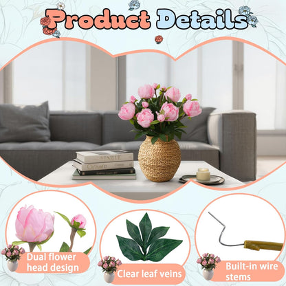 6PCS Yellow Peonies Artificial Flowers, Realistic 2 Heads Silk Peonies with Stems & Buds, 17.51" Faux Peony Bouquets for Wedding Centerpieces DIY Home Table Vase Decor