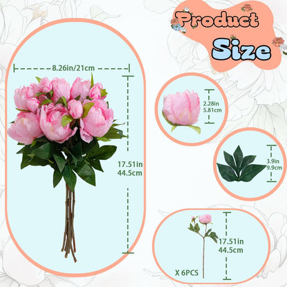 6PCS Yellow Peonies Artificial Flowers, Realistic 2 Heads Silk Peonies with Stems & Buds, 17.51" Faux Peony Bouquets for Wedding Centerpieces DIY Home Table Vase Decor