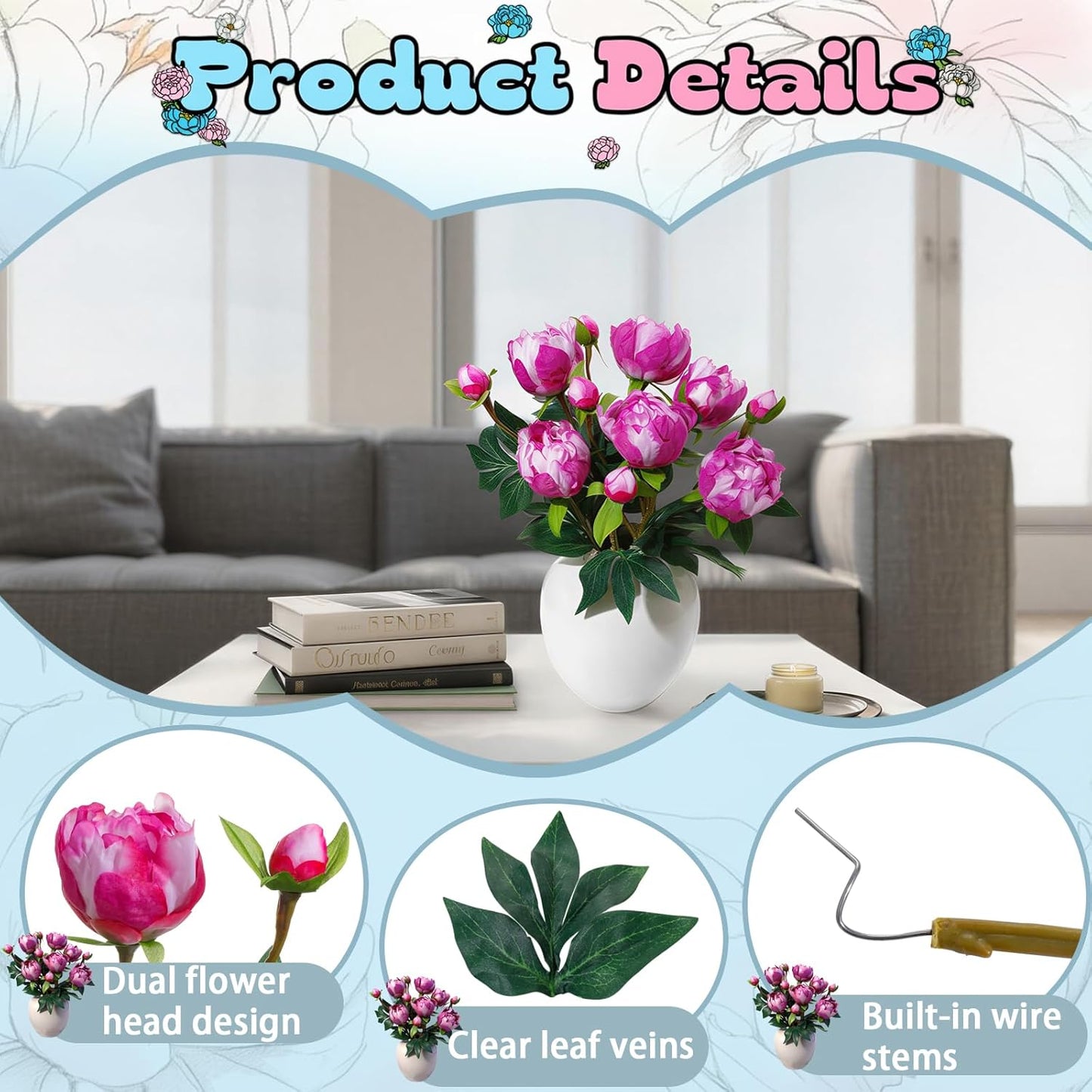 6PCS Yellow Peonies Artificial Flowers, Realistic 2 Heads Silk Peonies with Stems & Buds, 17.51" Faux Peony Bouquets for Wedding Centerpieces DIY Home Table Vase Decor