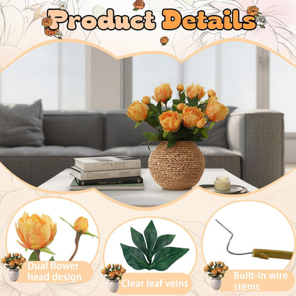 6PCS Yellow Peonies Artificial Flowers, Realistic 2 Heads Silk Peonies with Stems & Buds, 17.51" Faux Peony Bouquets for Wedding Centerpieces DIY Home Table Vase Decor