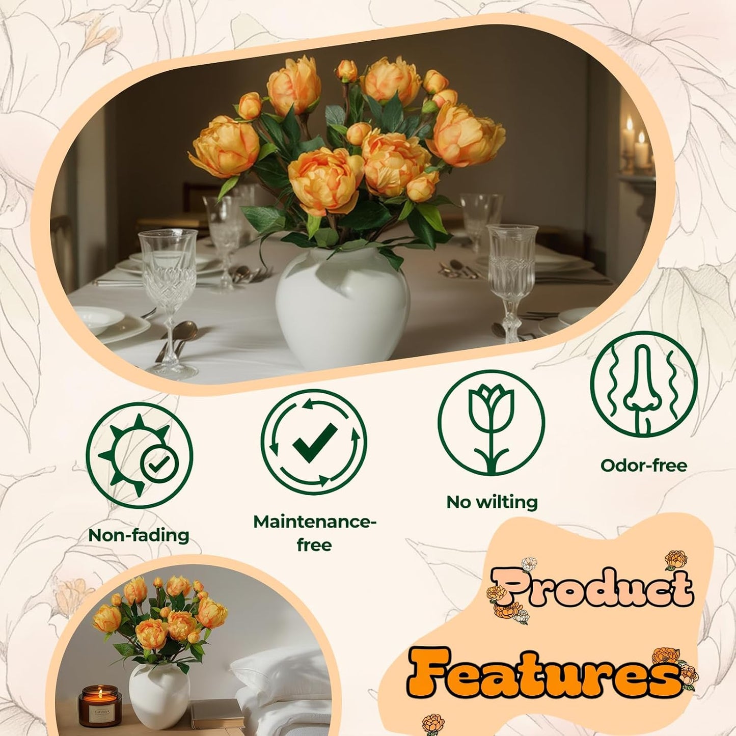 6PCS Yellow Peonies Artificial Flowers, Realistic 2 Heads Silk Peonies with Stems & Buds, 17.51" Faux Peony Bouquets for Wedding Centerpieces DIY Home Table Vase Decor