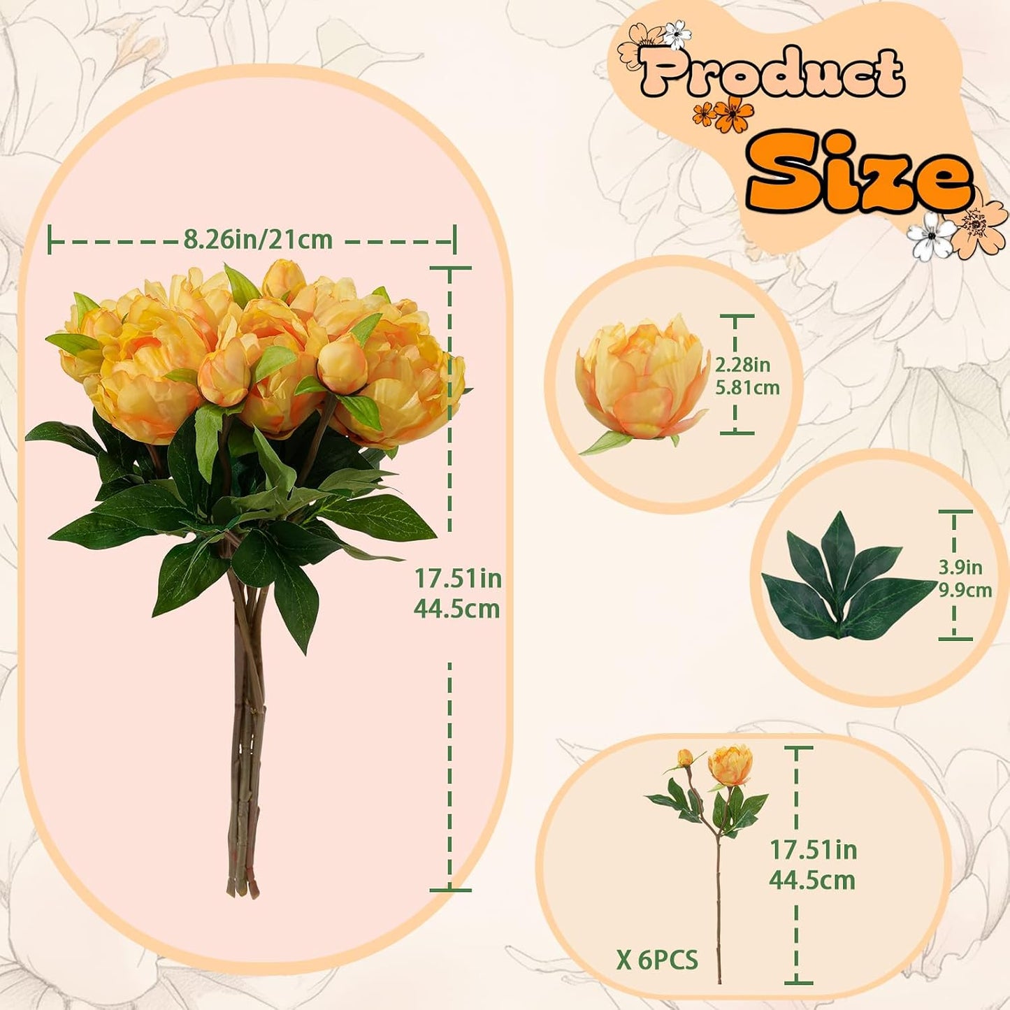 6PCS Yellow Peonies Artificial Flowers, Realistic 2 Heads Silk Peonies with Stems & Buds, 17.51" Faux Peony Bouquets for Wedding Centerpieces DIY Home Table Vase Decor