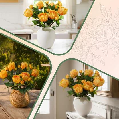 6PCS Yellow Peonies Artificial Flowers, Realistic 2 Heads Silk Peonies with Stems & Buds, 17.51" Faux Peony Bouquets for Wedding Centerpieces DIY Home Table Vase Decor