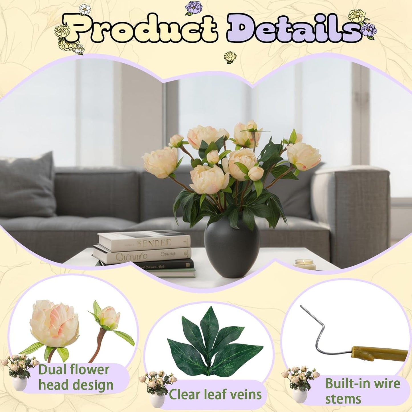 6PCS Yellow Peonies Artificial Flowers, Realistic 2 Heads Silk Peonies with Stems & Buds, 17.51" Faux Peony Bouquets for Wedding Centerpieces DIY Home Table Vase Decor