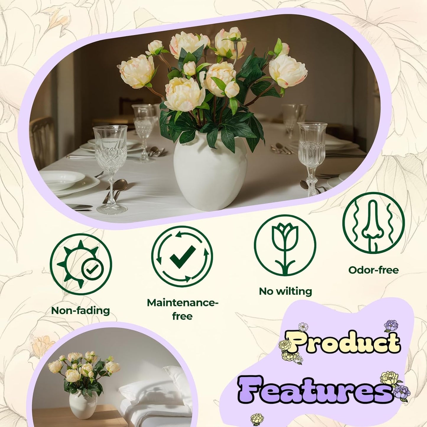 6PCS Yellow Peonies Artificial Flowers, Realistic 2 Heads Silk Peonies with Stems & Buds, 17.51" Faux Peony Bouquets for Wedding Centerpieces DIY Home Table Vase Decor