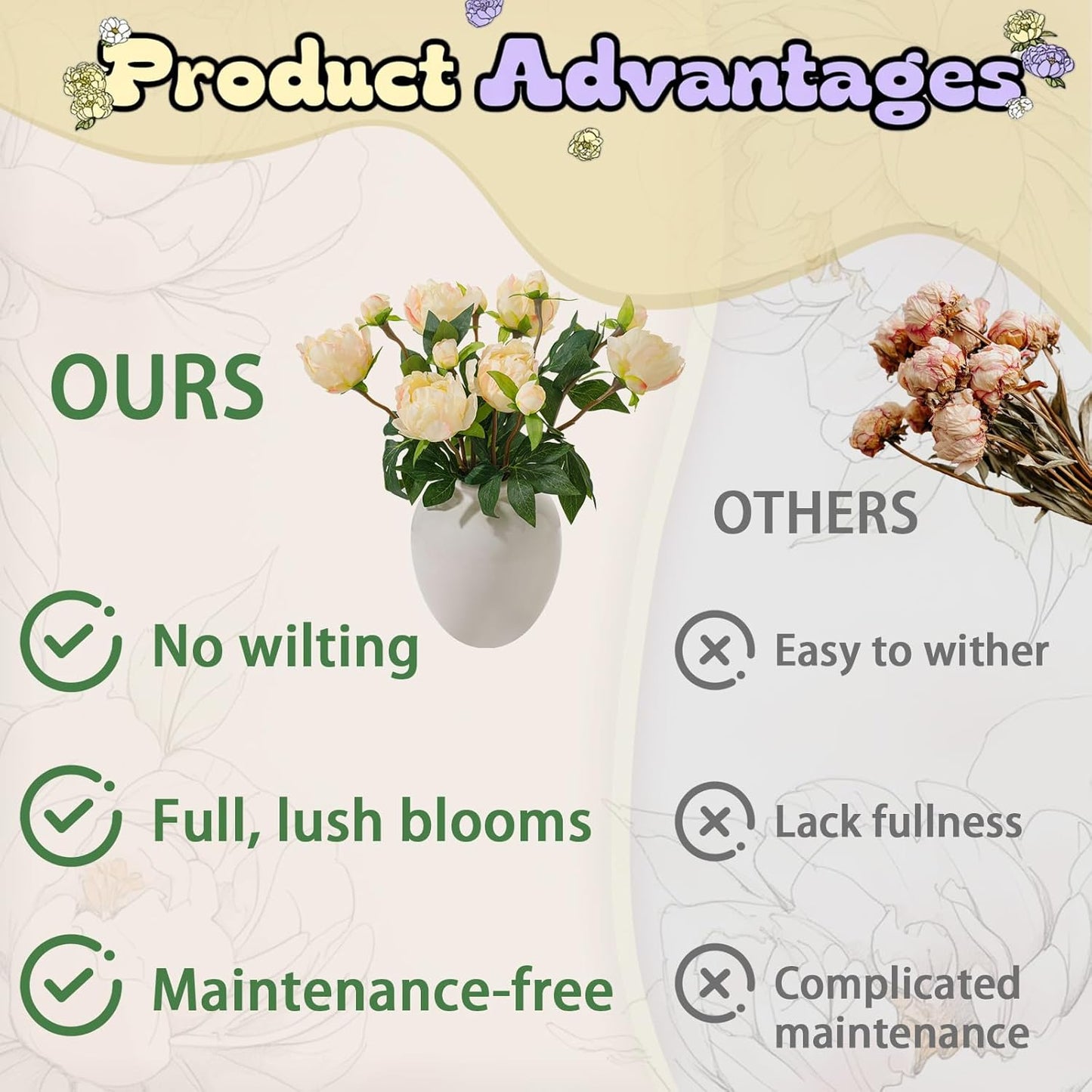 6PCS Yellow Peonies Artificial Flowers, Realistic 2 Heads Silk Peonies with Stems & Buds, 17.51" Faux Peony Bouquets for Wedding Centerpieces DIY Home Table Vase Decor