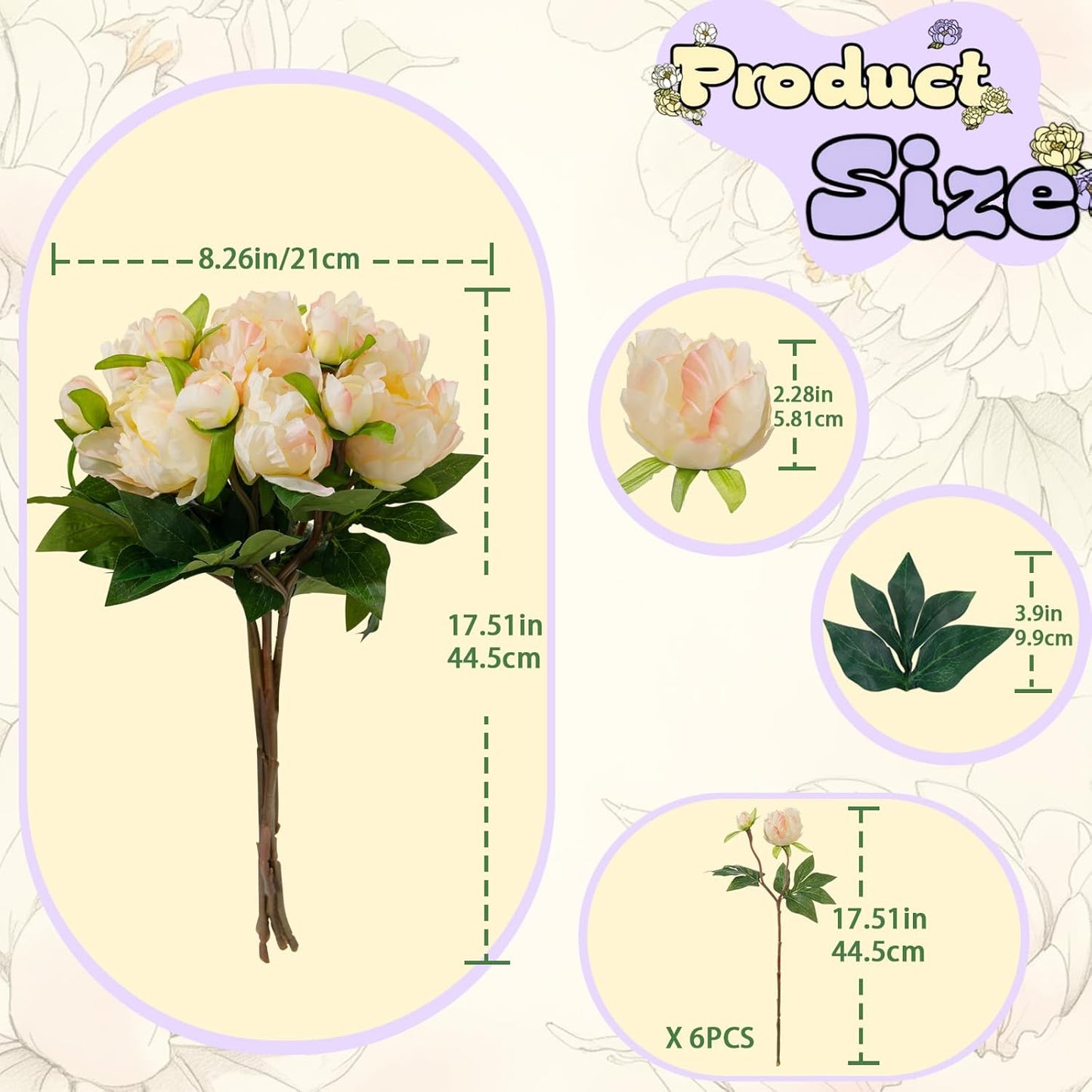 6PCS Yellow Peonies Artificial Flowers, Realistic 2 Heads Silk Peonies with Stems & Buds, 17.51" Faux Peony Bouquets for Wedding Centerpieces DIY Home Table Vase Decor