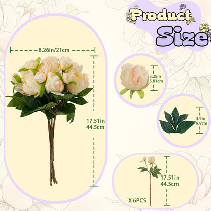 6PCS Yellow Peonies Artificial Flowers, Realistic 2 Heads Silk Peonies with Stems & Buds, 17.51" Faux Peony Bouquets for Wedding Centerpieces DIY Home Table Vase Decor