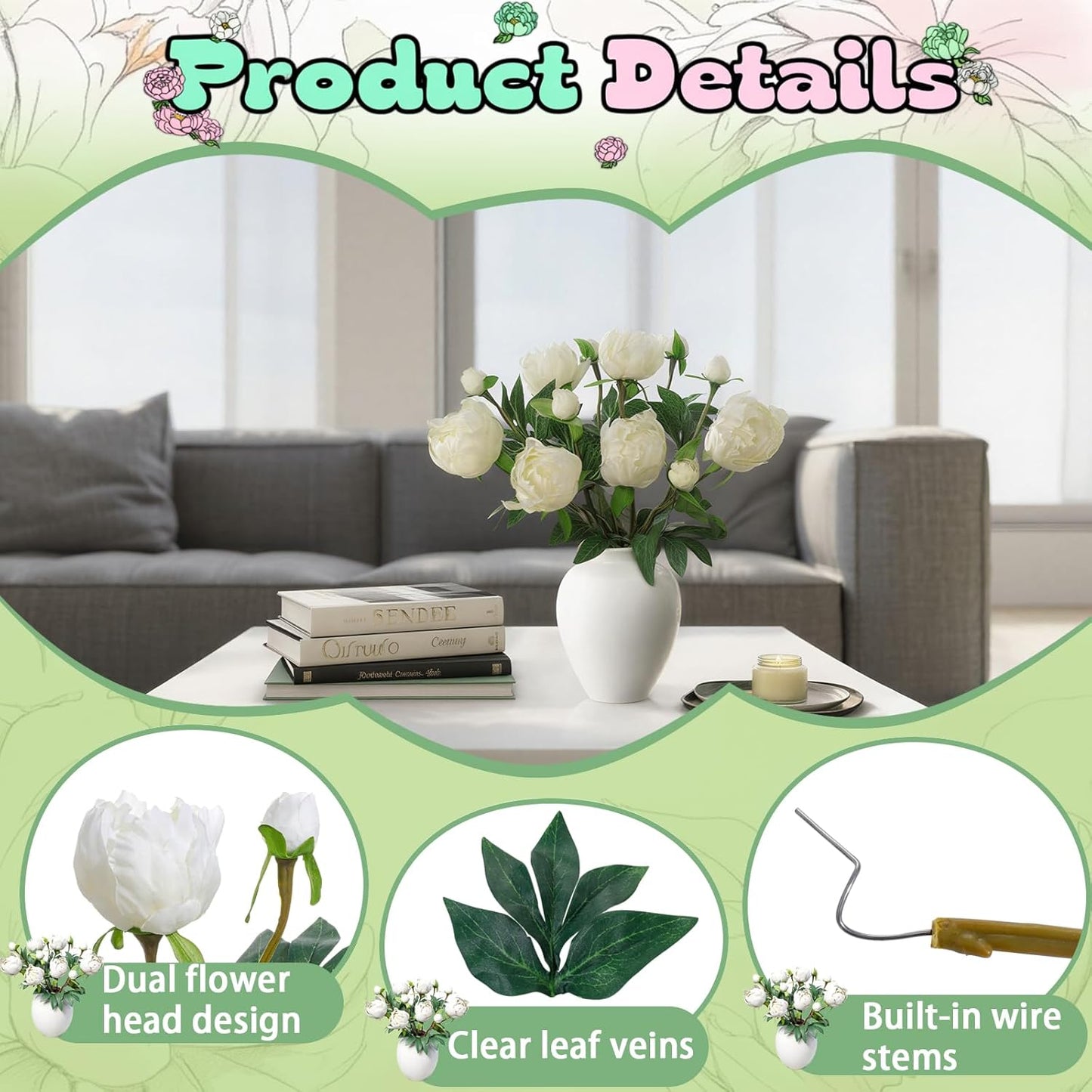 6PCS Yellow Peonies Artificial Flowers, Realistic 2 Heads Silk Peonies with Stems & Buds, 17.51" Faux Peony Bouquets for Wedding Centerpieces DIY Home Table Vase Decor