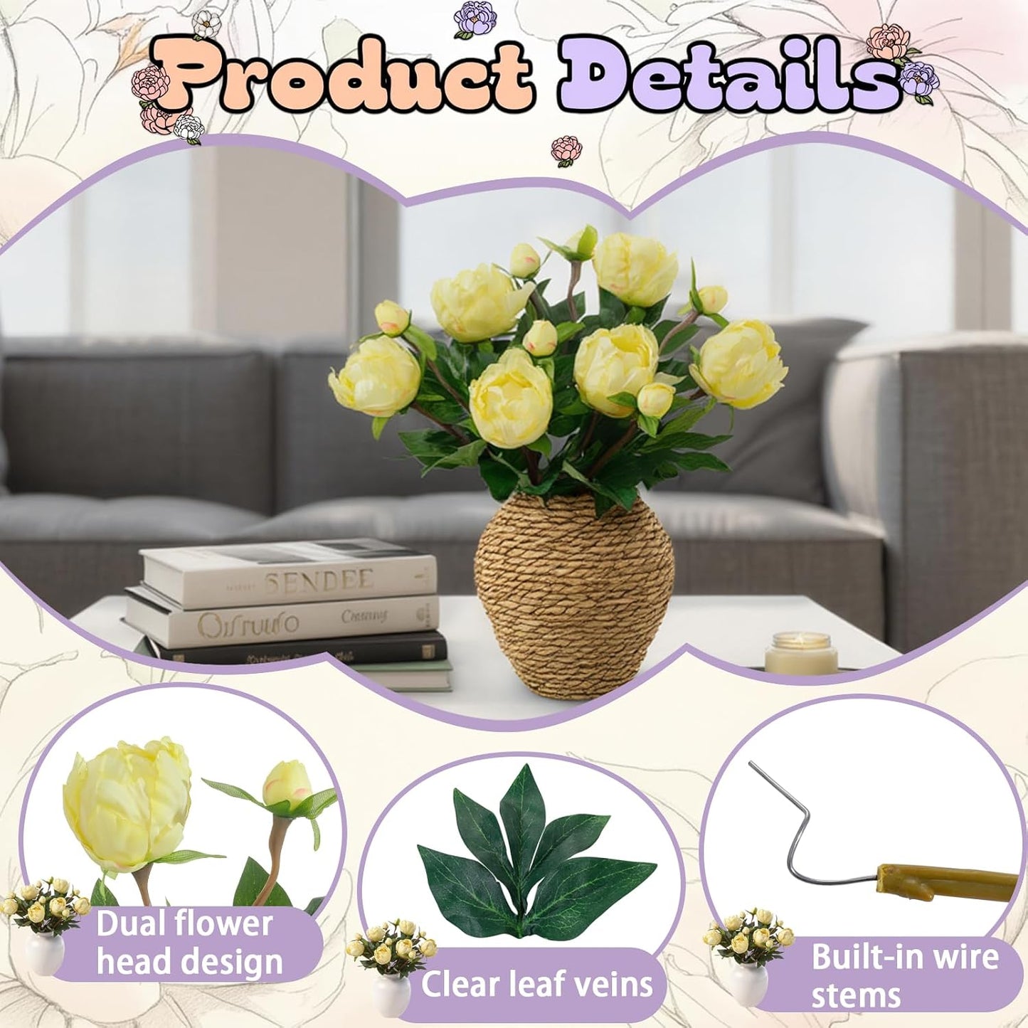 6PCS Yellow Peonies Artificial Flowers, Realistic 2 Heads Silk Peonies with Stems & Buds, 17.51" Faux Peony Bouquets for Wedding Centerpieces DIY Home Table Vase Decor