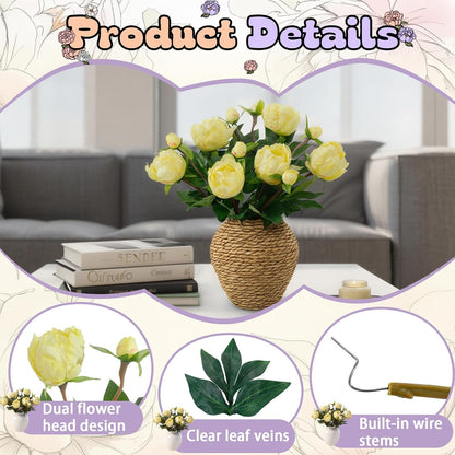 6PCS Yellow Peonies Artificial Flowers, Realistic 2 Heads Silk Peonies with Stems & Buds, 17.51" Faux Peony Bouquets for Wedding Centerpieces DIY Home Table Vase Decor