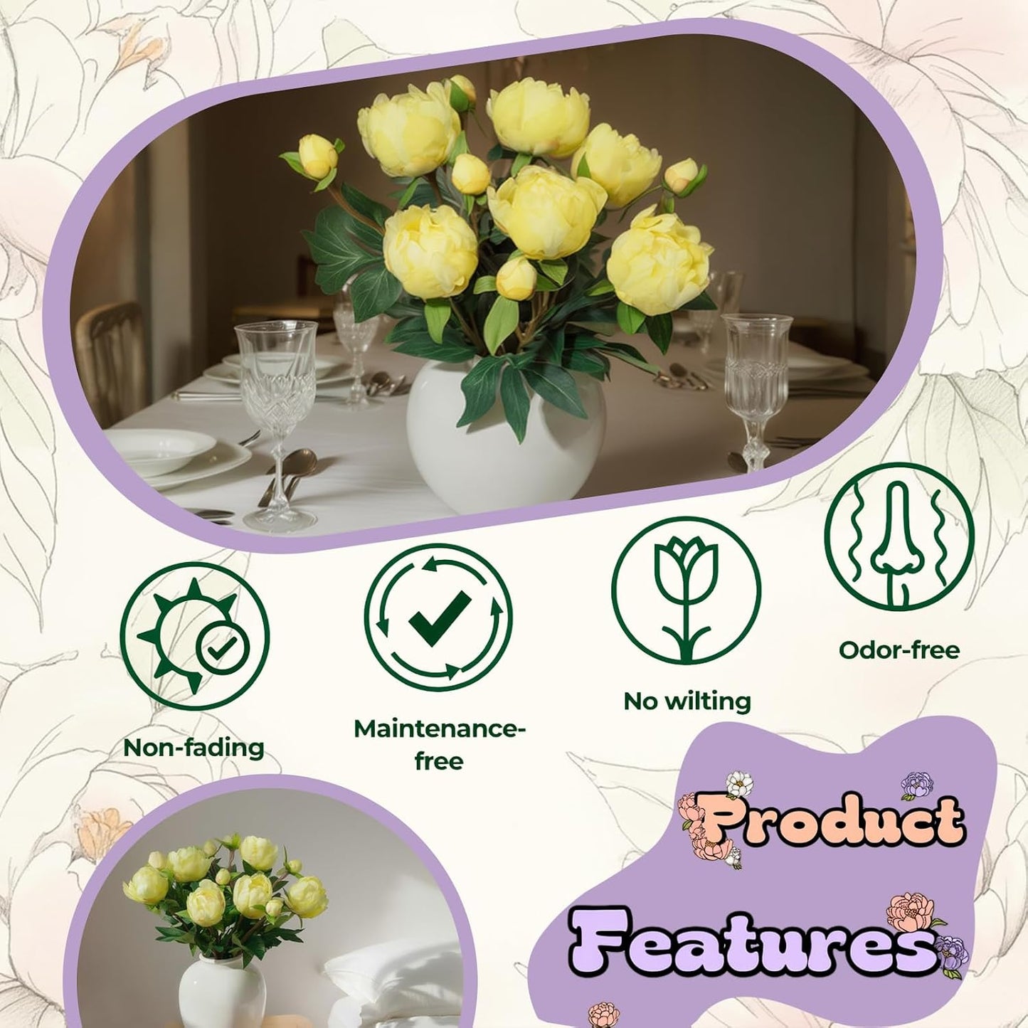 6PCS Yellow Peonies Artificial Flowers, Realistic 2 Heads Silk Peonies with Stems & Buds, 17.51" Faux Peony Bouquets for Wedding Centerpieces DIY Home Table Vase Decor