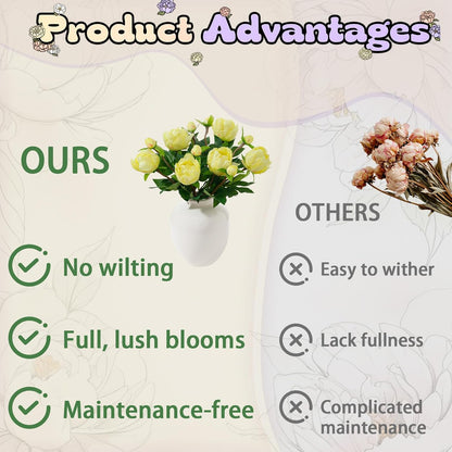 6PCS Yellow Peonies Artificial Flowers, Realistic 2 Heads Silk Peonies with Stems & Buds, 17.51" Faux Peony Bouquets for Wedding Centerpieces DIY Home Table Vase Decor