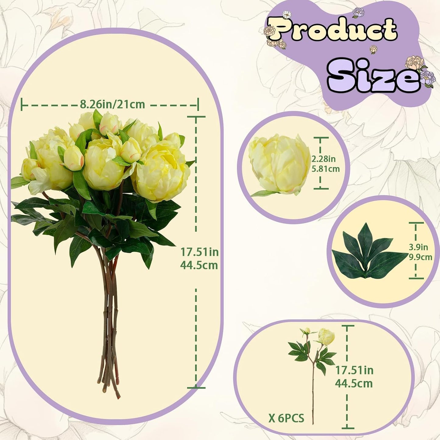 6PCS Yellow Peonies Artificial Flowers, Realistic 2 Heads Silk Peonies with Stems & Buds, 17.51" Faux Peony Bouquets for Wedding Centerpieces DIY Home Table Vase Decor