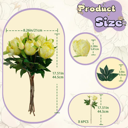6PCS Yellow Peonies Artificial Flowers, Realistic 2 Heads Silk Peonies with Stems & Buds, 17.51" Faux Peony Bouquets for Wedding Centerpieces DIY Home Table Vase Decor