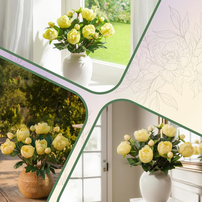 6PCS Yellow Peonies Artificial Flowers, Realistic 2 Heads Silk Peonies with Stems & Buds, 17.51" Faux Peony Bouquets for Wedding Centerpieces DIY Home Table Vase Decor