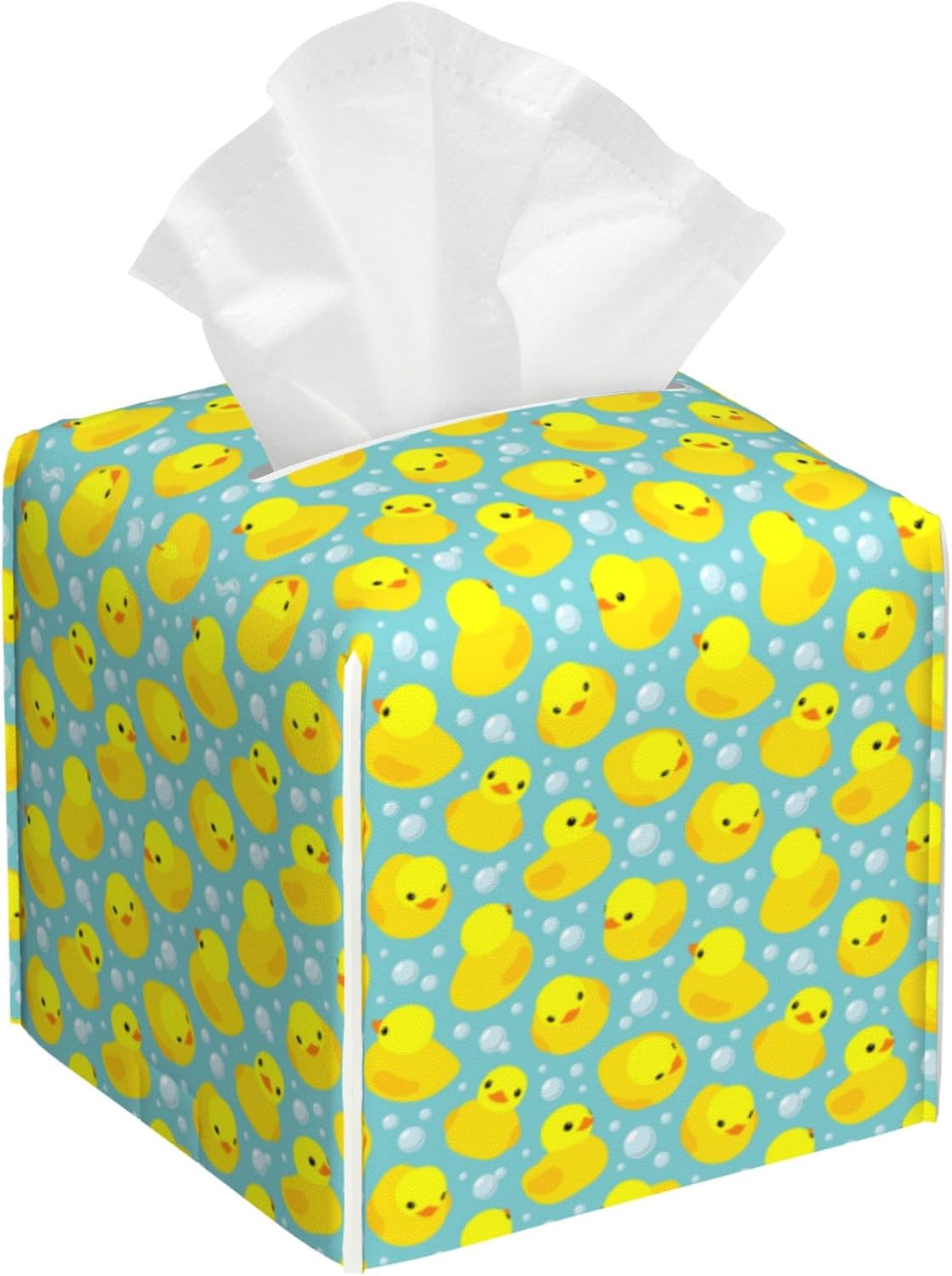 Yellow Rubber Ducks Tissue Box Cover Square, Tissue Box Holder with Bottom Belt Leather Facial Paper Organizer Dispenser for Bathroom Bedroom Dresser Night Stand Tabletop