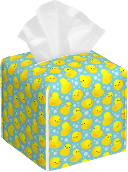 Yellow Rubber Ducks Tissue Box Cover Square, Tissue Box Holder with Bottom Belt Leather Facial Paper Organizer Dispenser for Bathroom Bedroom Dresser Night Stand Tabletop