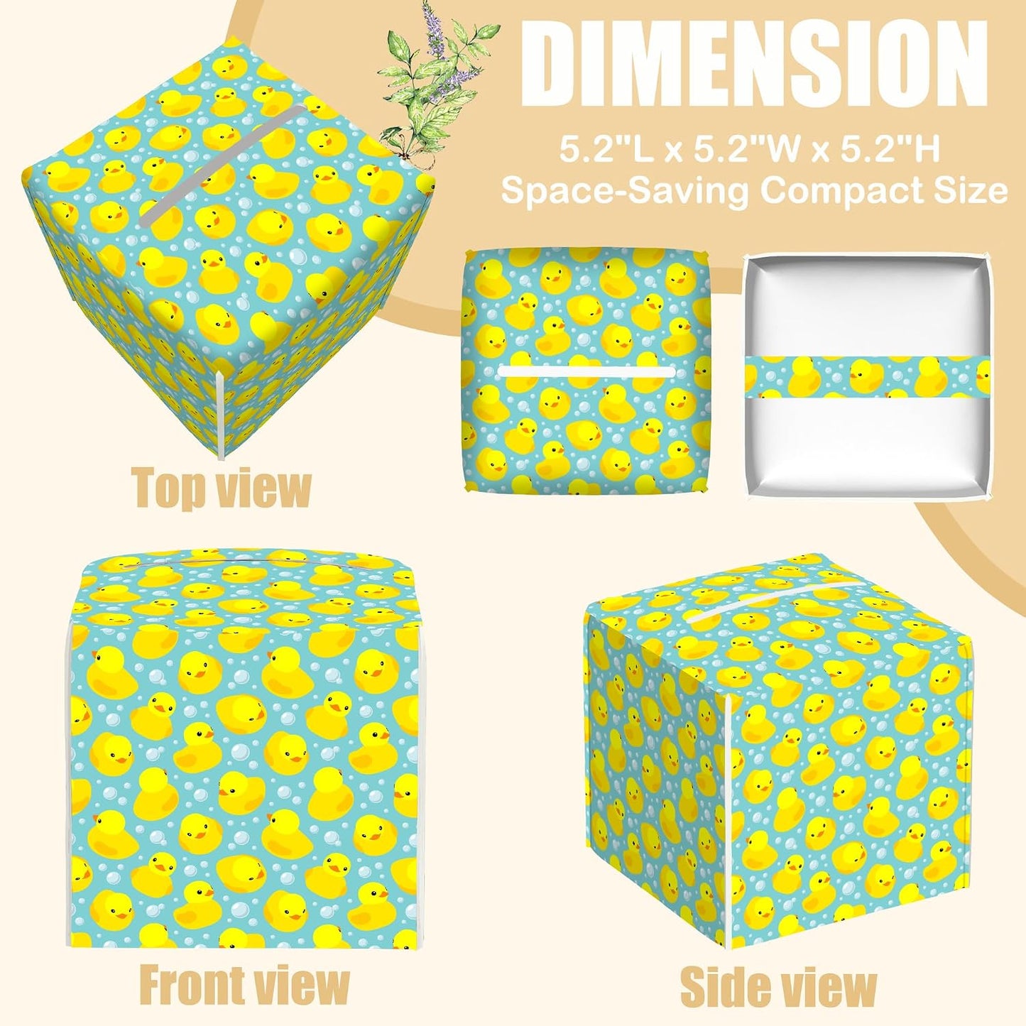 Yellow Rubber Ducks Tissue Box Cover Square, Tissue Box Holder with Bottom Belt Leather Facial Paper Organizer Dispenser for Bathroom Bedroom Dresser Night Stand Tabletop