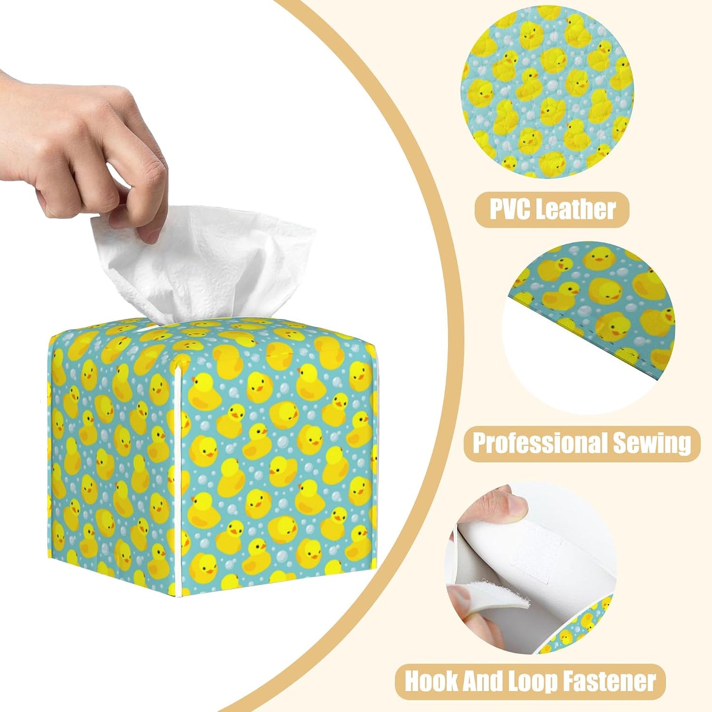 Yellow Rubber Ducks Tissue Box Cover Square, Tissue Box Holder with Bottom Belt Leather Facial Paper Organizer Dispenser for Bathroom Bedroom Dresser Night Stand Tabletop