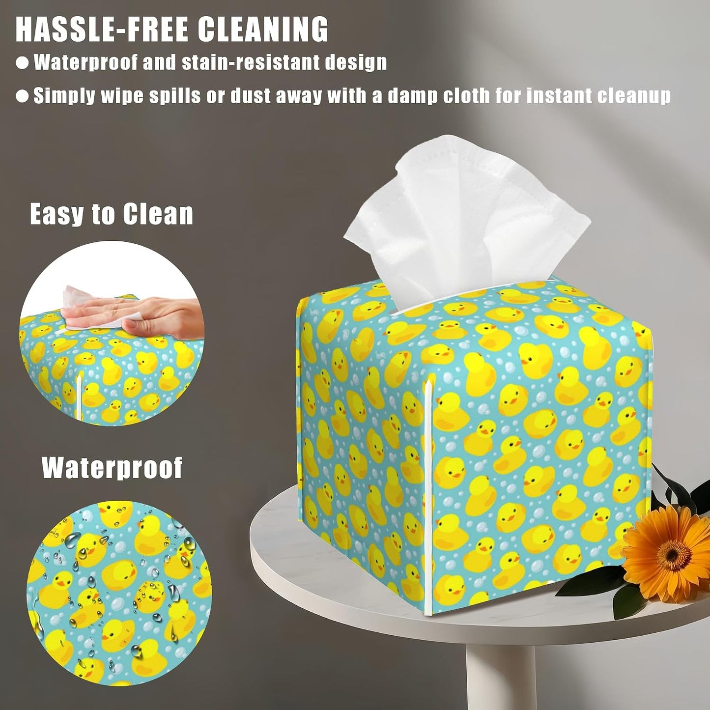 Yellow Rubber Ducks Tissue Box Cover Square, Tissue Box Holder with Bottom Belt Leather Facial Paper Organizer Dispenser for Bathroom Bedroom Dresser Night Stand Tabletop