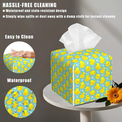 Yellow Rubber Ducks Tissue Box Cover Square, Tissue Box Holder with Bottom Belt Leather Facial Paper Organizer Dispenser for Bathroom Bedroom Dresser Night Stand Tabletop