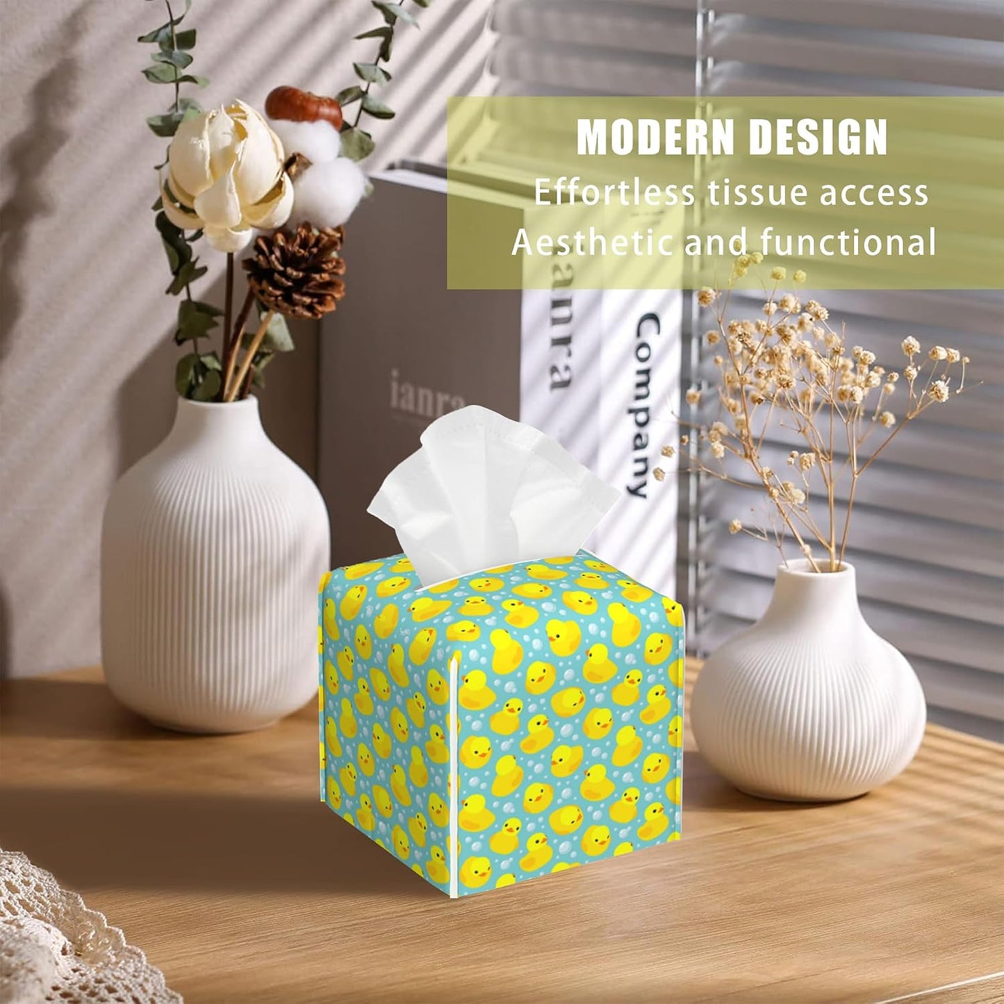 Yellow Rubber Ducks Tissue Box Cover Square, Tissue Box Holder with Bottom Belt Leather Facial Paper Organizer Dispenser for Bathroom Bedroom Dresser Night Stand Tabletop