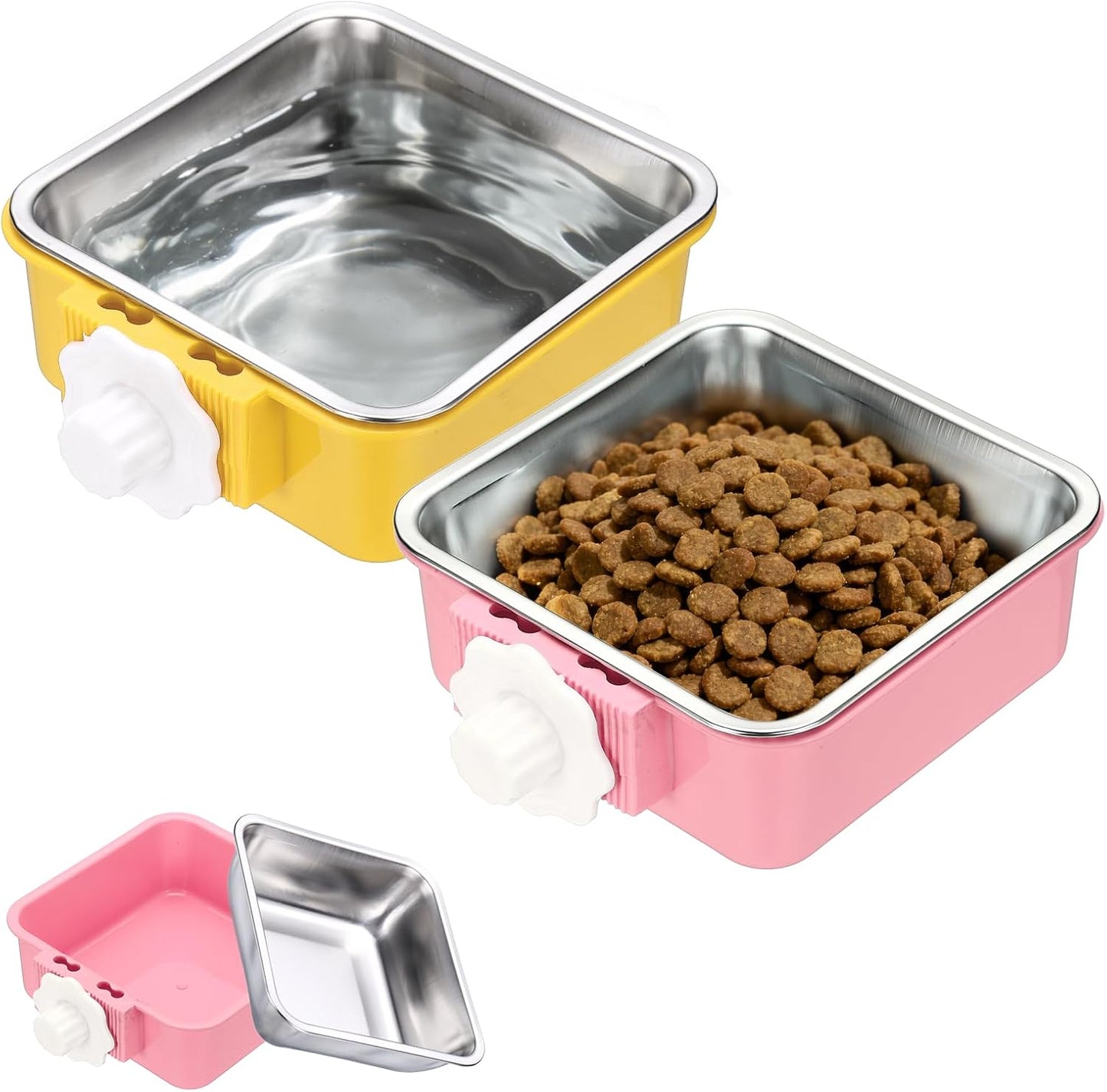 Crate Dog Bowl, Removable Stainless Steel Pet Cage Hanging Anti-Overturn Food Water Feeder Cage Cup (2Pcs, Square, Yellow/Pink, 17.7oz), Intended for Puppies/Cat/Rabbit/Bird