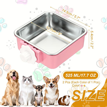 Crate Dog Bowl, Removable Stainless Steel Pet Cage Hanging Anti-Overturn Food Water Feeder Cage Cup (2Pcs, Square, Yellow/Pink, 17.7oz), Intended for Puppies/Cat/Rabbit/Bird