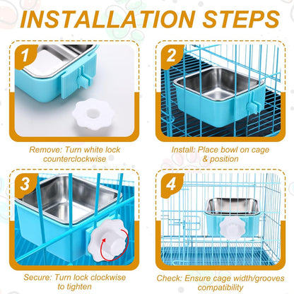 Crate Dog Bowl, Removable Stainless Steel Pet Cage Hanging Anti-Overturn Food Water Feeder Cage Cup (2Pcs, Square, Yellow/Pink, 17.7oz), Intended for Puppies/Cat/Rabbit/Bird