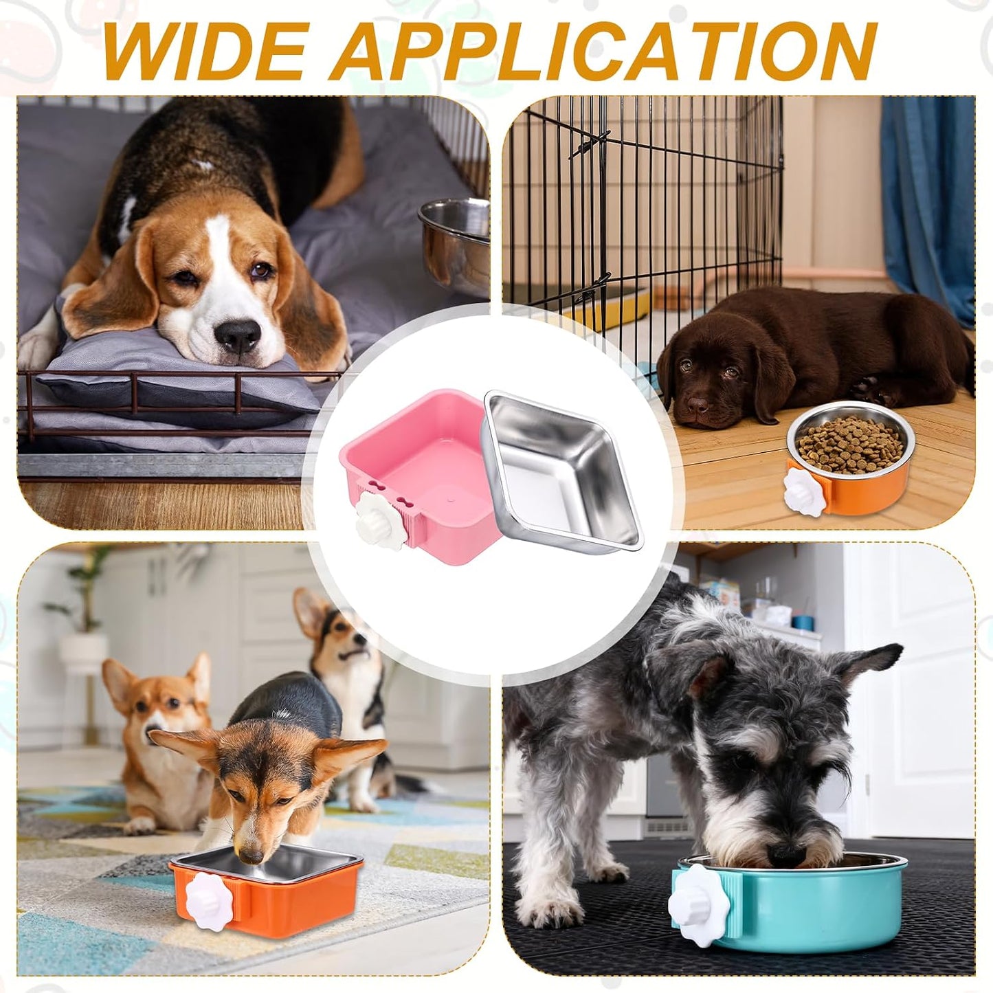 Crate Dog Bowl, Removable Stainless Steel Pet Cage Hanging Anti-Overturn Food Water Feeder Cage Cup (2Pcs, Square, Yellow/Pink, 17.7oz), Intended for Puppies/Cat/Rabbit/Bird