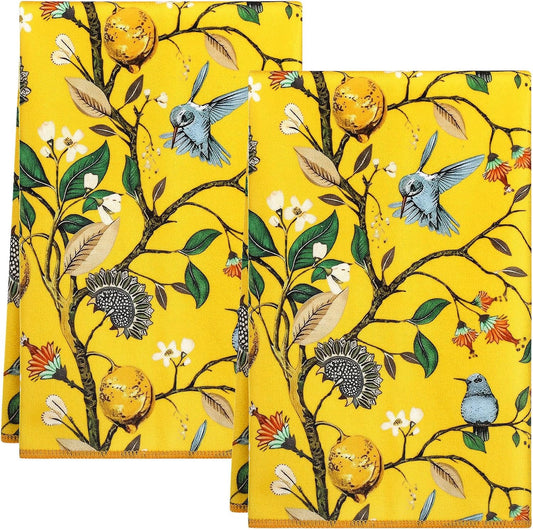 2 Pcs Lemon Bird Kitchen Towels 16'' x 24'' Vintage Cotton Dish Towels Floral Print Absorbent Reusable Tea Towel for Cleaning, Farmhouse Decor, Housewarming Gift