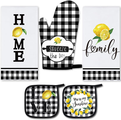 5 Pieces Buffalo Plaid Kitchen Towels Oven Mitts and Pot Holder Set Black and White Kitchen Towels Oven Gloves, Hot Pads Pot Holders for Farm House Accessories Decor(Lemon)