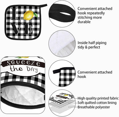 5 Pieces Buffalo Plaid Kitchen Towels Oven Mitts and Pot Holder Set Black and White Kitchen Towels Oven Gloves, Hot Pads Pot Holders for Farm House Accessories Decor(Lemon)