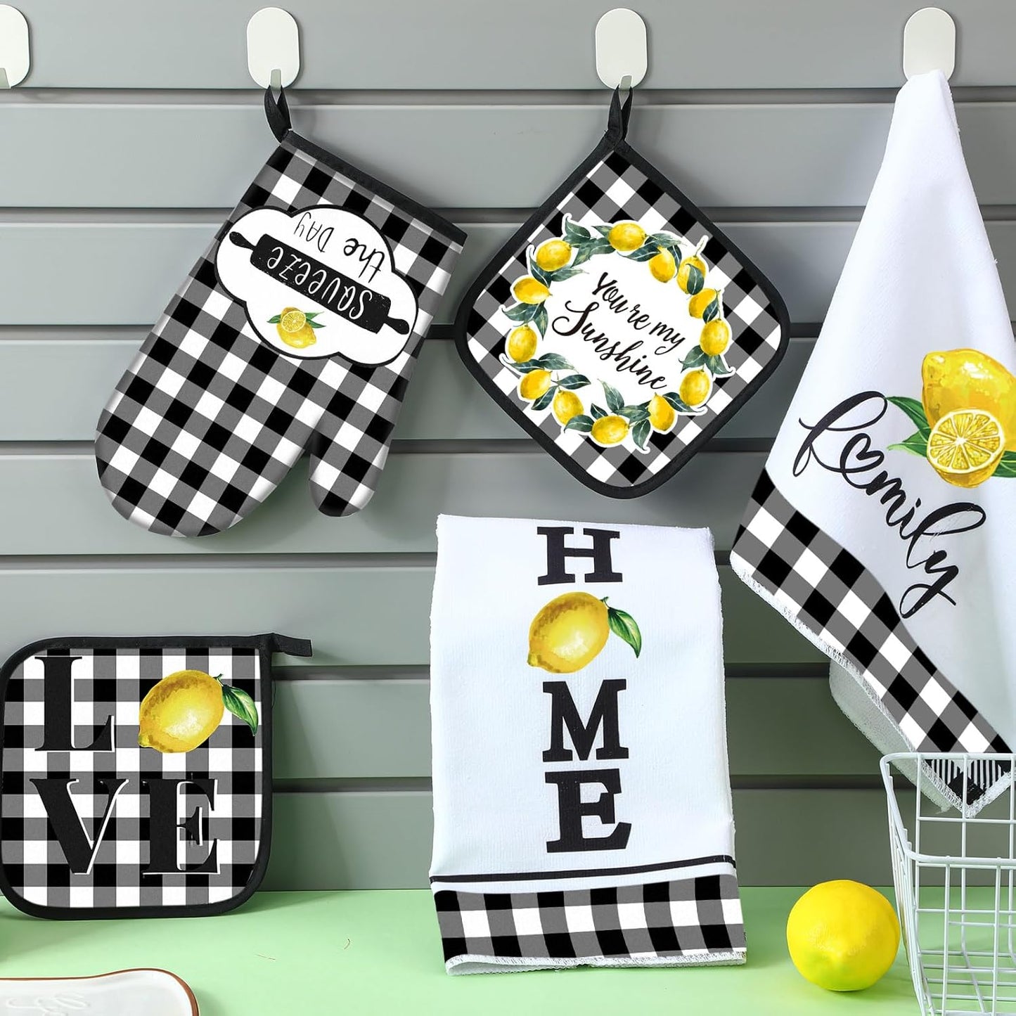 5 Pieces Buffalo Plaid Kitchen Towels Oven Mitts and Pot Holder Set Black and White Kitchen Towels Oven Gloves, Hot Pads Pot Holders for Farm House Accessories Decor(Lemon)