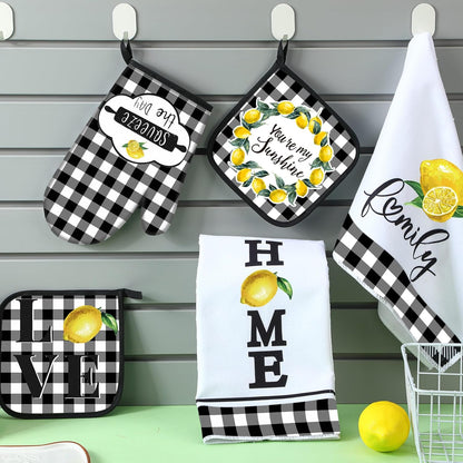 5 Pieces Buffalo Plaid Kitchen Towels Oven Mitts and Pot Holder Set Black and White Kitchen Towels Oven Gloves, Hot Pads Pot Holders for Farm House Accessories Decor(Lemon)