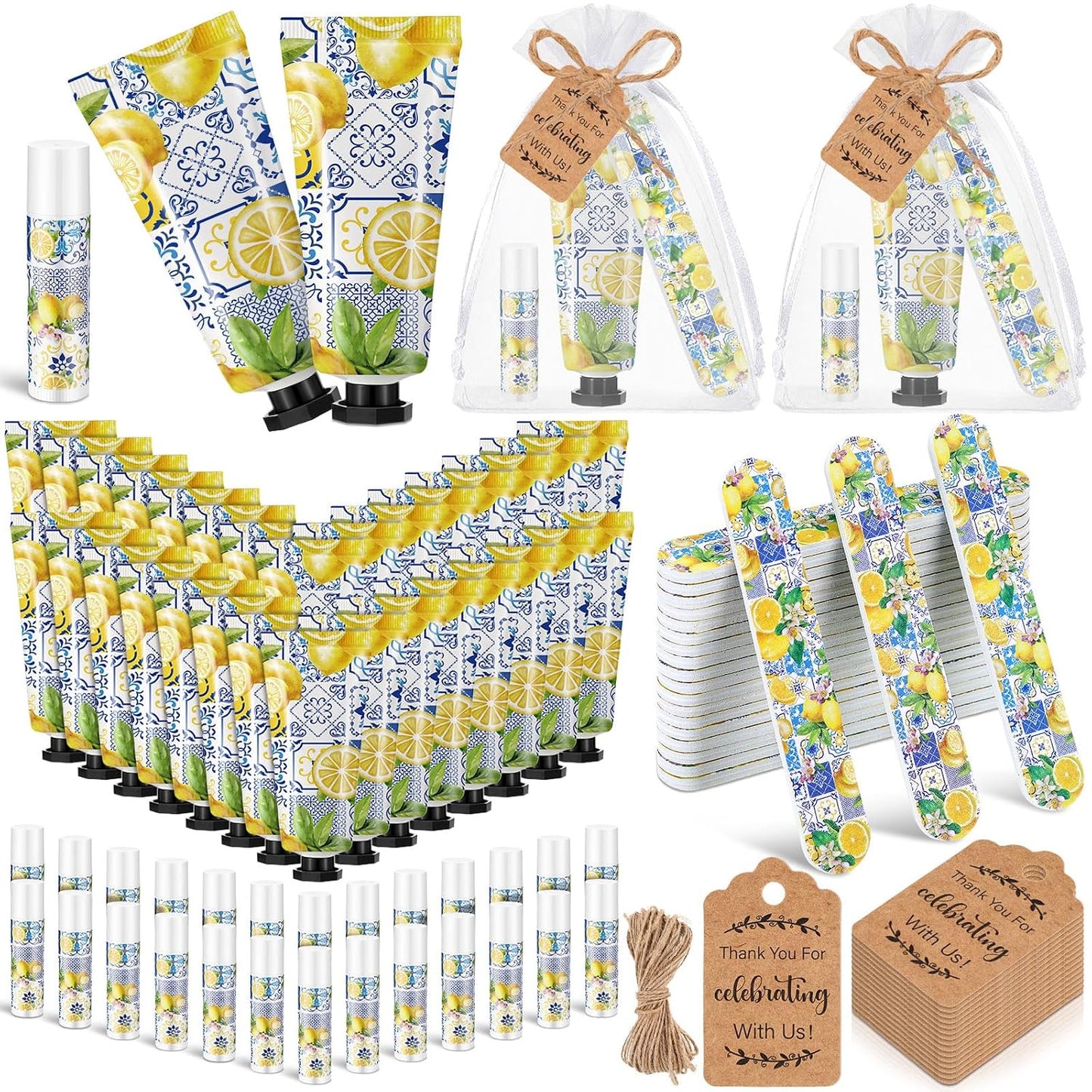 50 Sets Capri Lemon Hand Cream and Lip Balm Nail File Gift Bulk Summer Italian Lemon Party Favors Wedding Favor for Guest Travel Size Hand Lotion Lip Balm Gifts Set Bridal Baby Shower