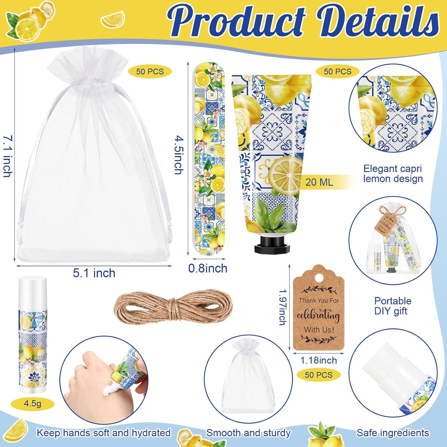 50 Sets Capri Lemon Hand Cream and Lip Balm Nail File Gift Bulk Summer Italian Lemon Party Favors Wedding Favor for Guest Travel Size Hand Lotion Lip Balm Gifts Set Bridal Baby Shower