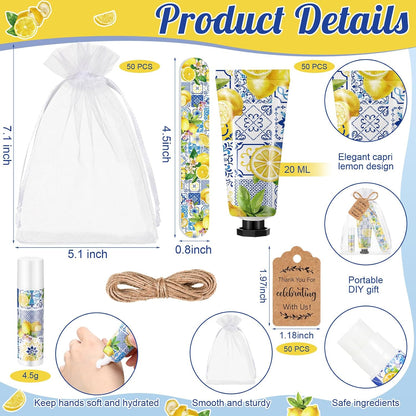 50 Sets Capri Lemon Hand Cream and Lip Balm Nail File Gift Bulk Summer Italian Lemon Party Favors Wedding Favor for Guest Travel Size Hand Lotion Lip Balm Gifts Set Bridal Baby Shower