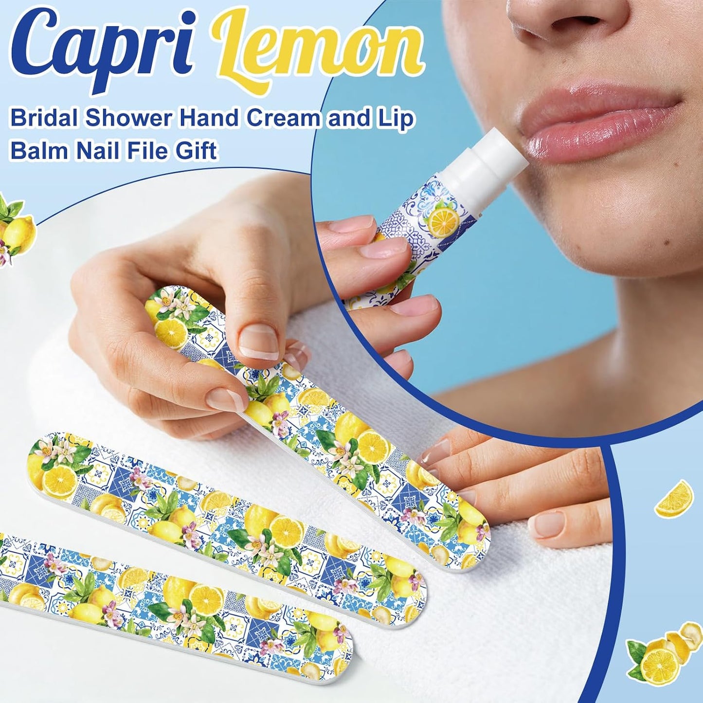 50 Sets Capri Lemon Hand Cream and Lip Balm Nail File Gift Bulk Summer Italian Lemon Party Favors Wedding Favor for Guest Travel Size Hand Lotion Lip Balm Gifts Set Bridal Baby Shower