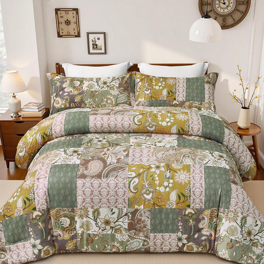 Boho King Size Comforter Set - 3 Piece Patchwork Vintage Soft Bedding Farmhouse Reversible Yellow Bed Set for All Season, 1 Lightweight Comforter (104"x90") and 2 Pillow Shams (20"x36")
