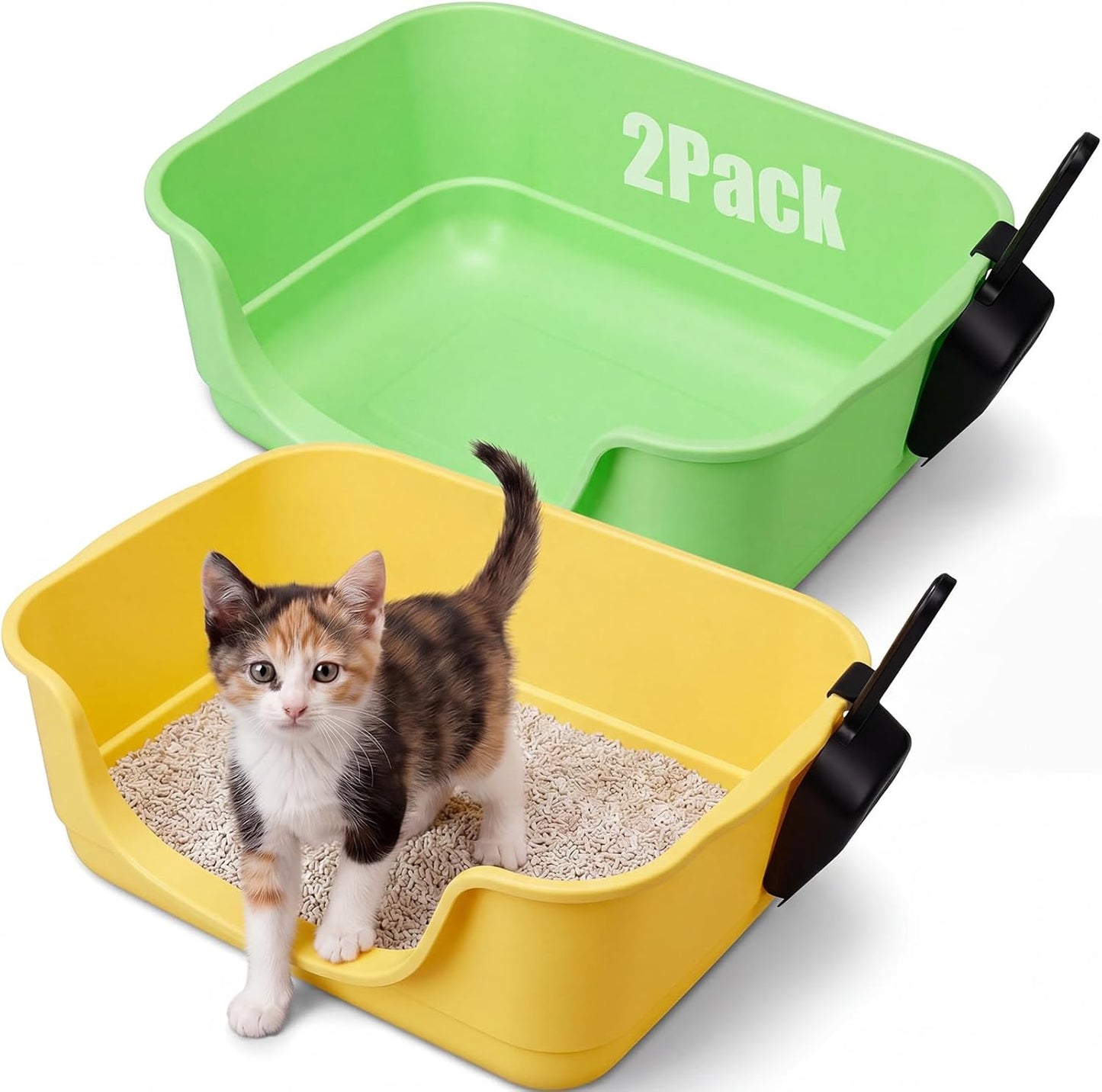 2 Pack Small Cat Litter Boxes with Scoops, Plastic Open Top Litter Tray Pan for Kitty, with High Sides and Low Entry, Anti Splash and Easy to Clean, for Indoor Little Pets Puppy(Yellow,Green)