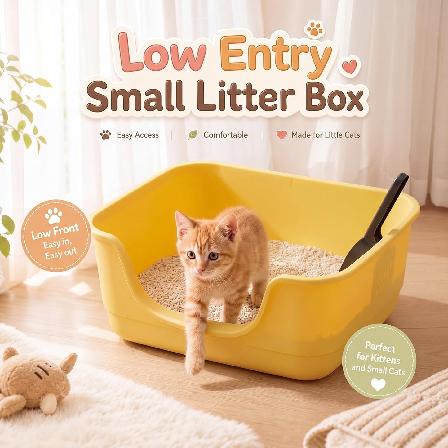 2 Pack Small Cat Litter Boxes with Scoops, Plastic Open Top Litter Tray Pan for Kitty, with High Sides and Low Entry, Anti Splash and Easy to Clean, for Indoor Little Pets Puppy(Yellow,Green)