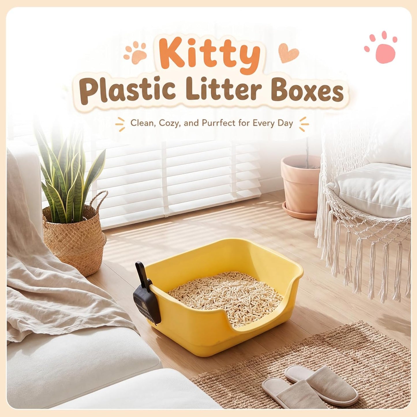2 Pack Small Cat Litter Boxes with Scoops, Plastic Open Top Litter Tray Pan for Kitty, with High Sides and Low Entry, Anti Splash and Easy to Clean, for Indoor Little Pets Puppy(Yellow,Green)