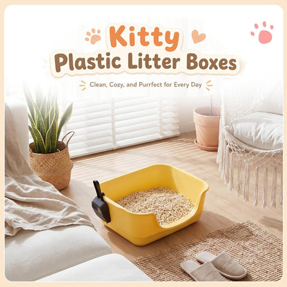 2 Pack Small Cat Litter Boxes with Scoops, Plastic Open Top Litter Tray Pan for Kitty, with High Sides and Low Entry, Anti Splash and Easy to Clean, for Indoor Little Pets Puppy(Yellow,Green)