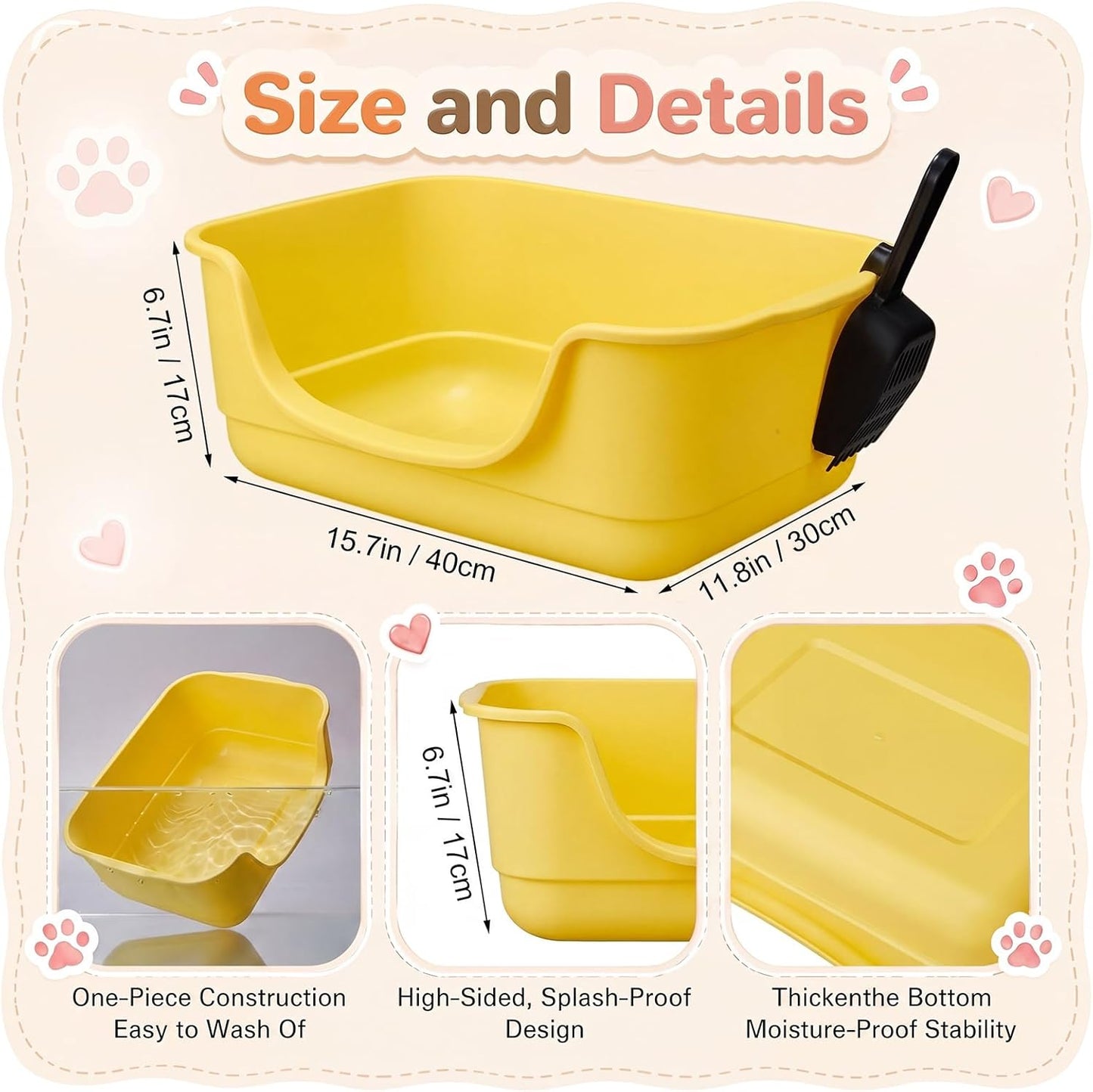 2 Pack Small Cat Litter Boxes with Scoops, Plastic Open Top Litter Tray Pan for Kitty, with High Sides and Low Entry, Anti Splash and Easy to Clean, for Indoor Little Pets Puppy(Yellow,Green)