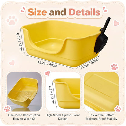 2 Pack Small Cat Litter Boxes with Scoops, Plastic Open Top Litter Tray Pan for Kitty, with High Sides and Low Entry, Anti Splash and Easy to Clean, for Indoor Little Pets Puppy(Yellow,Green)